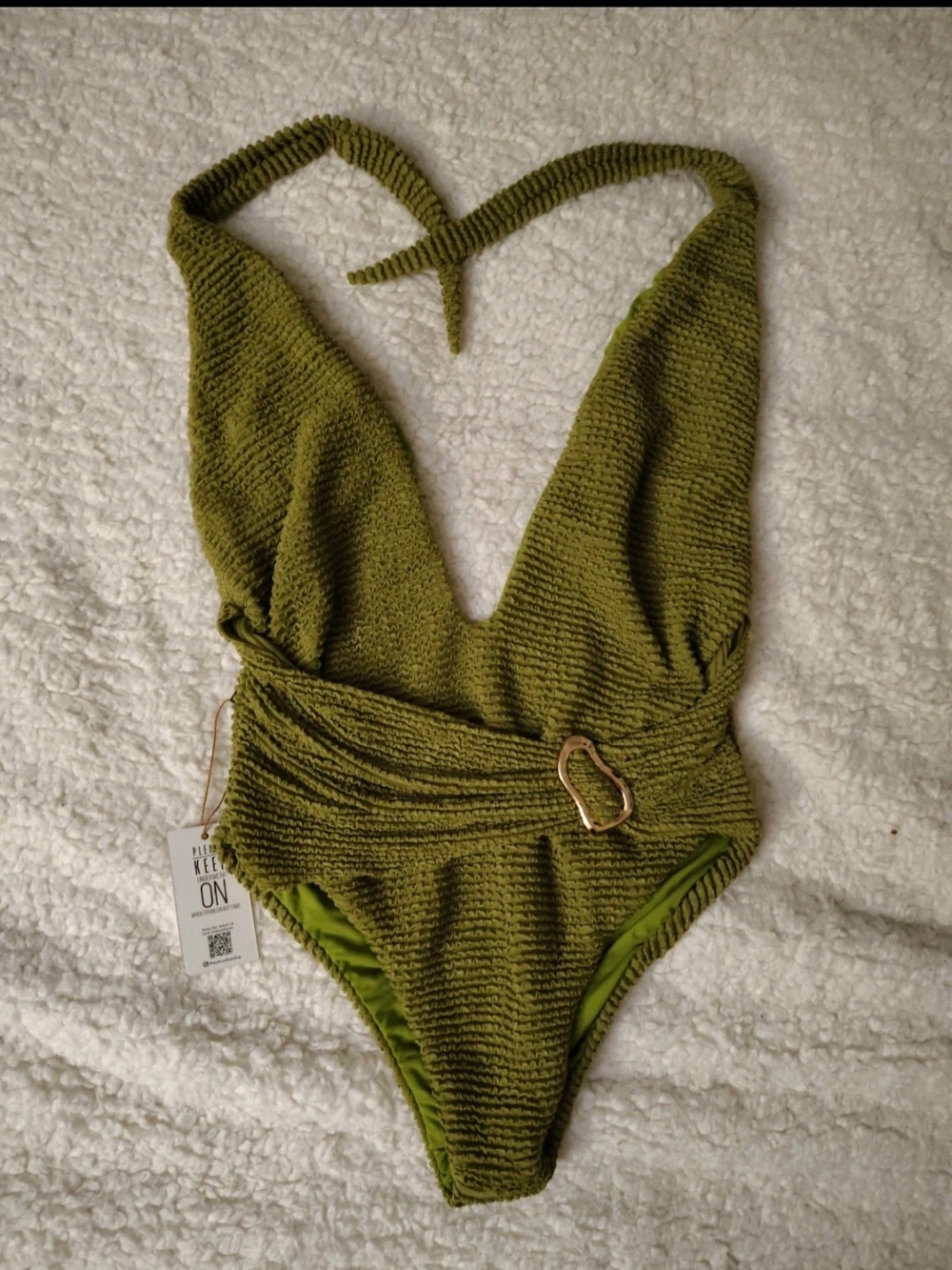 Olive Green TexturedOne-Piece Swimsuit with Belt Accent